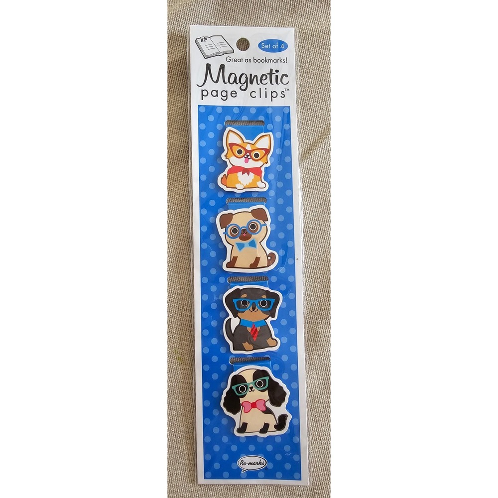 Re-marks Magnetic Page Clips Set of 4 Dogs with Glasses Bookmarks Woof 19319 USA